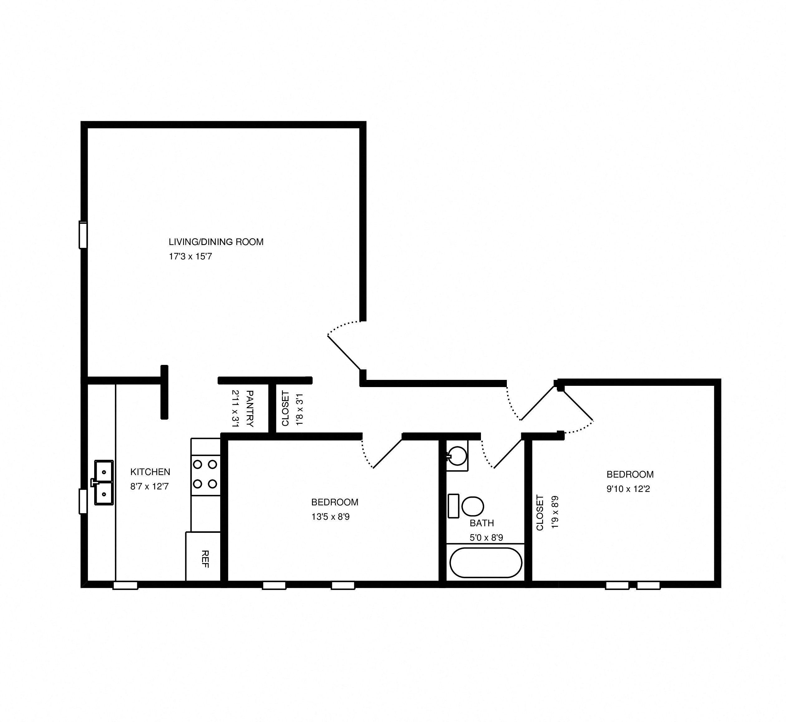 Floor plan for 2 beds, 1 bath, 733 sqft